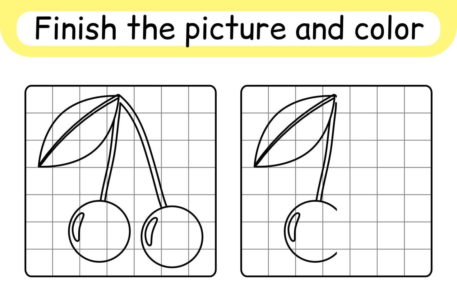 Complete the picture cherry. Copy the picture and color. Finish the image. Coloring book. Educational drawing exercise game for children vector