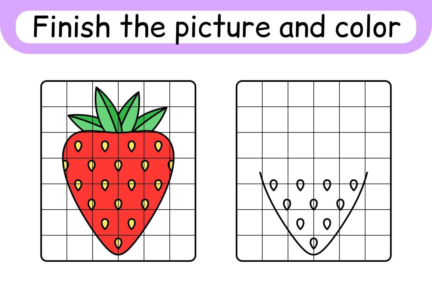 Complete the picture strawberry. Copy the picture and color. Finish the image. Coloring book. Educational drawing exercise game for children vector