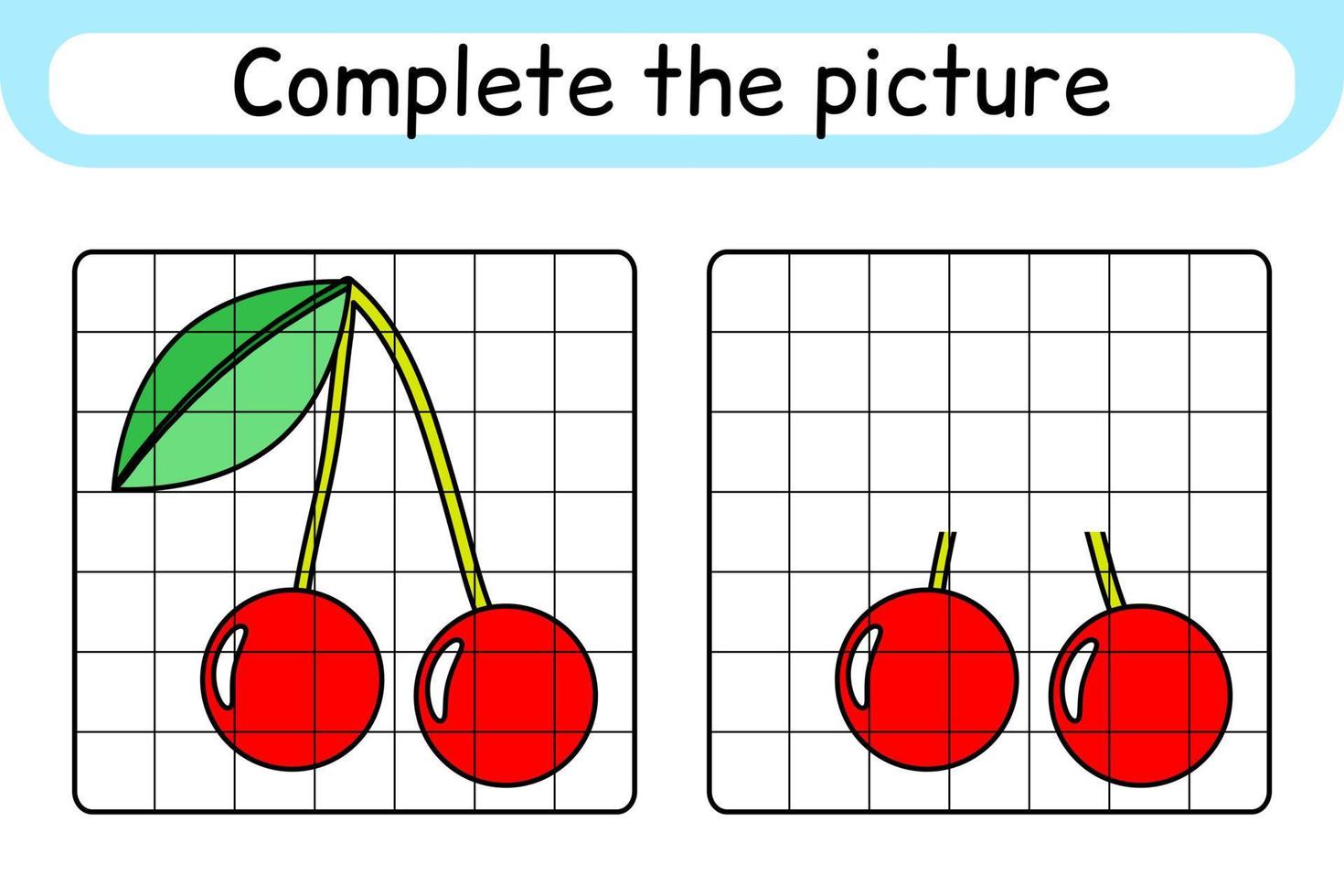 Complete the picture cherry. Copy the picture and color. Finish the image. Coloring book. Educational drawing exercise game for children vector