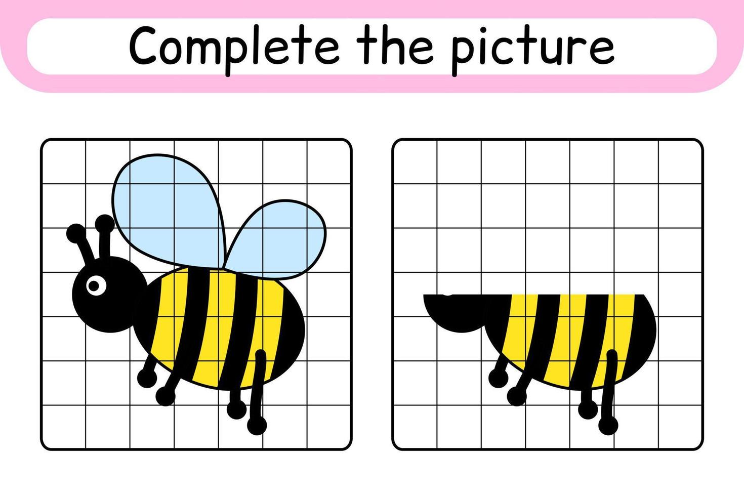 completa la imagen de la abeja. copiar la imagen y el color. terminar la imagen. libro de colorear. juego educativo de ejercicios de dibujo para niños vector