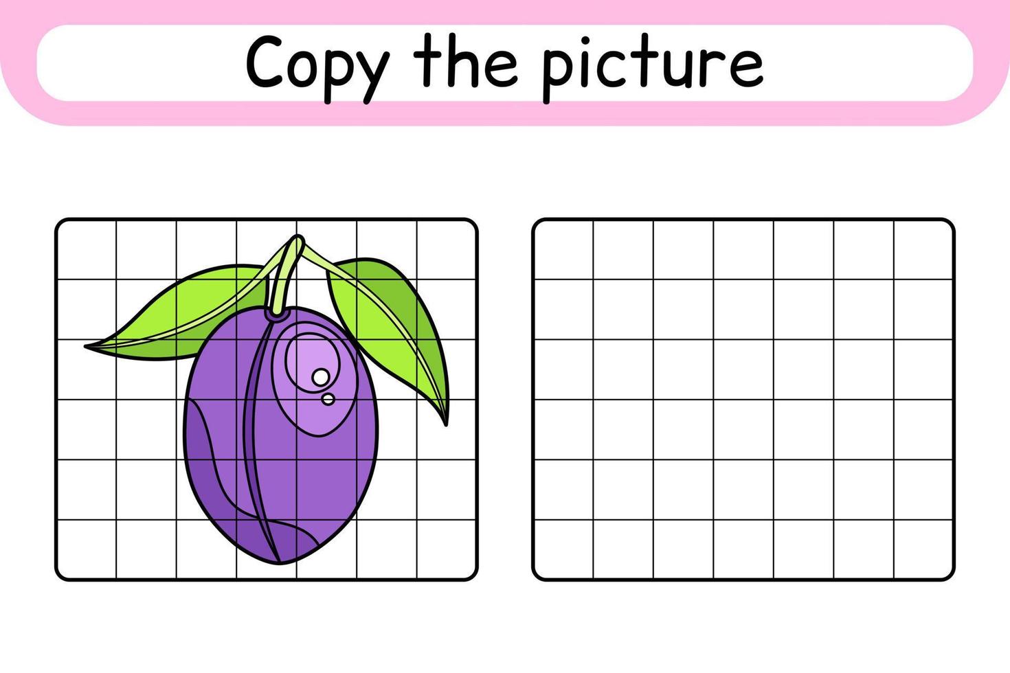 Copy the picture and color plum. Complete the picture. Finish the image. Coloring book. Educational drawing exercise game for children vector