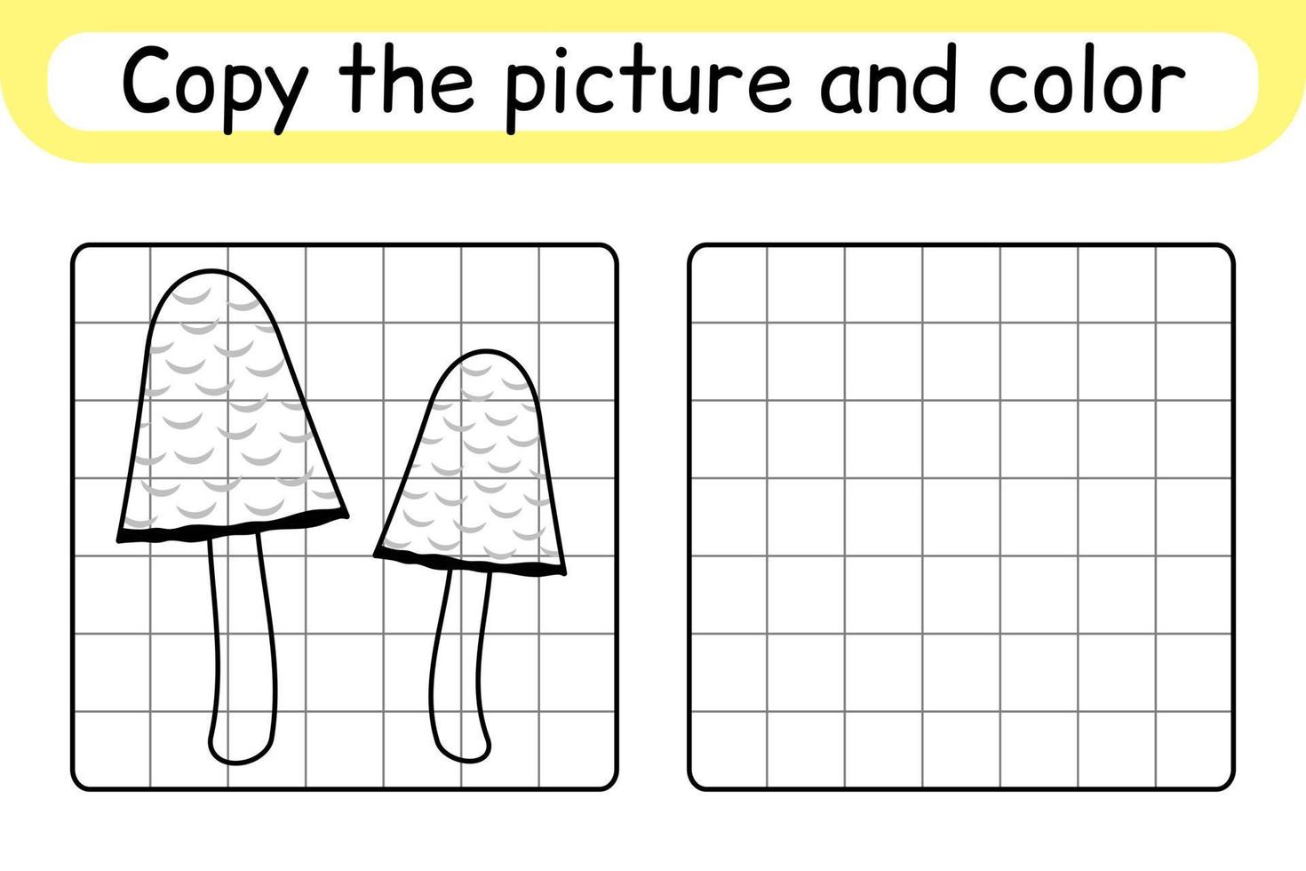 Copy the picture and color mushroom coprinus. Complete the picture. Finish the image. Coloring book. Educational drawing exercise game for children vector