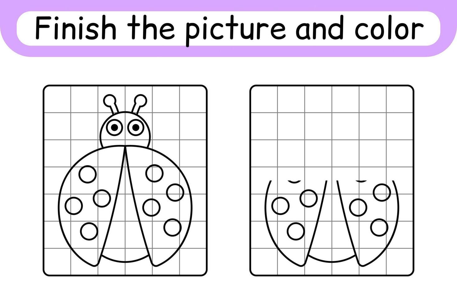 Complete the picture ladybug. Copy the picture and color. Finish the image. Coloring book. Educational drawing exercise game for children vector