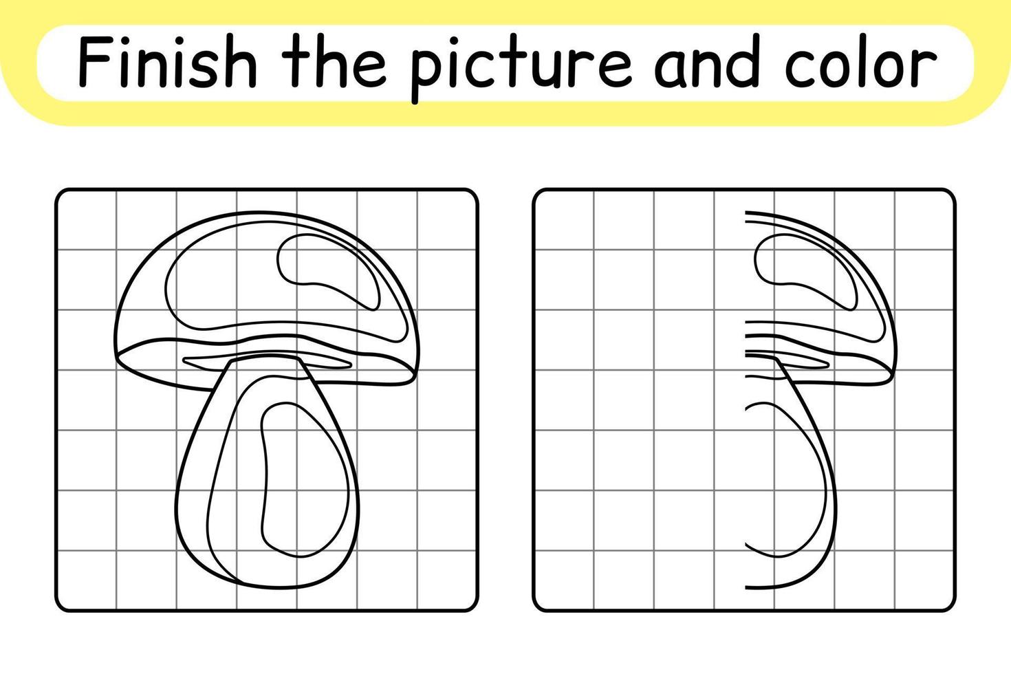 Complete the picture mushroom boletus. Copy the picture and color. Finish the image. Coloring book. Educational drawing exercise game for children vector