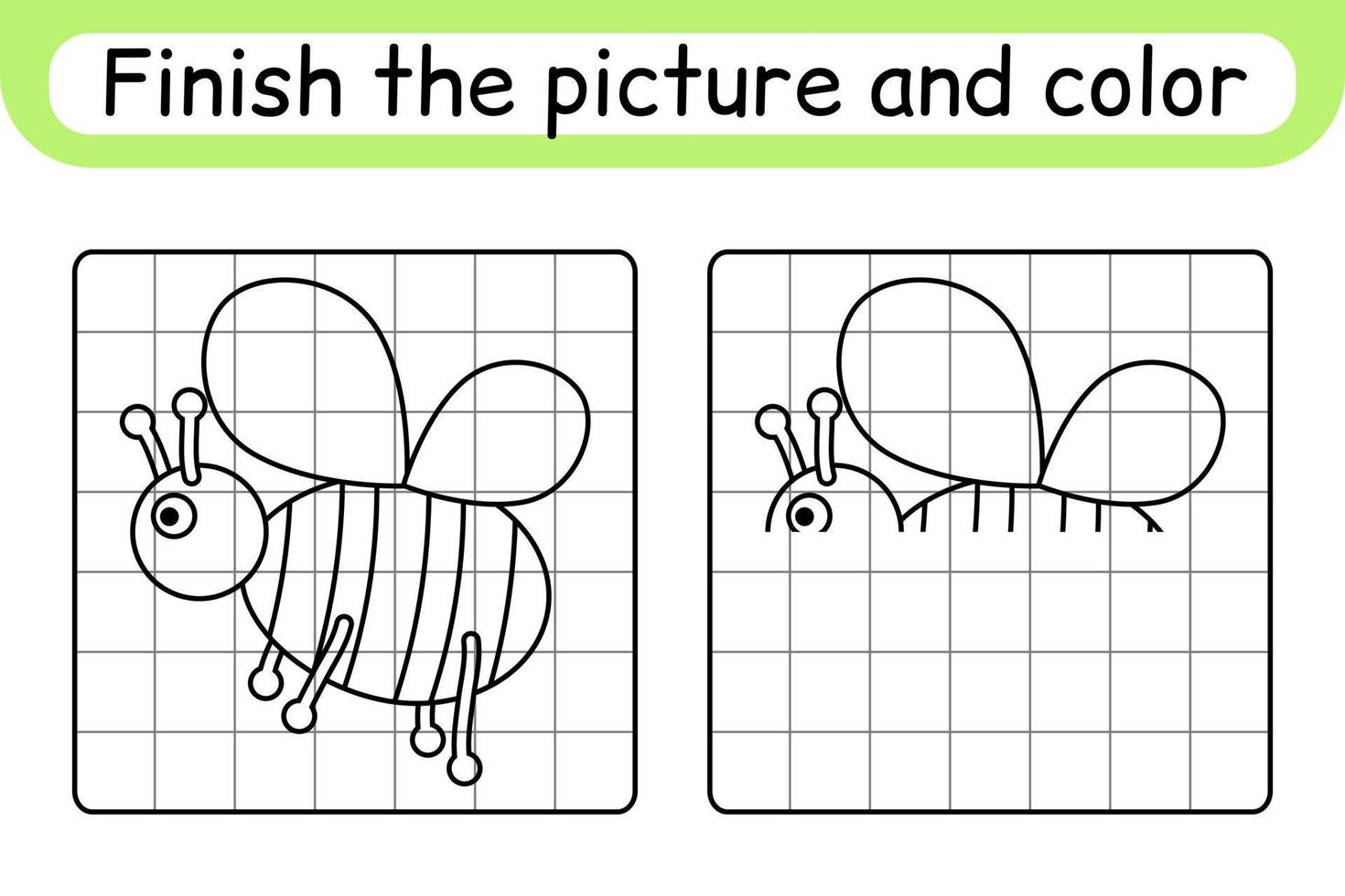 Complete the picture bee. Copy the picture and color. Finish the image. Coloring book. Educational drawing exercise game for children vector