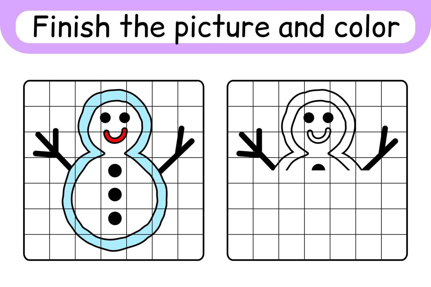 Complete the picture snowman. Copy the picture and color. Finish the image. Coloring book. Educational drawing exercise game for children vector
