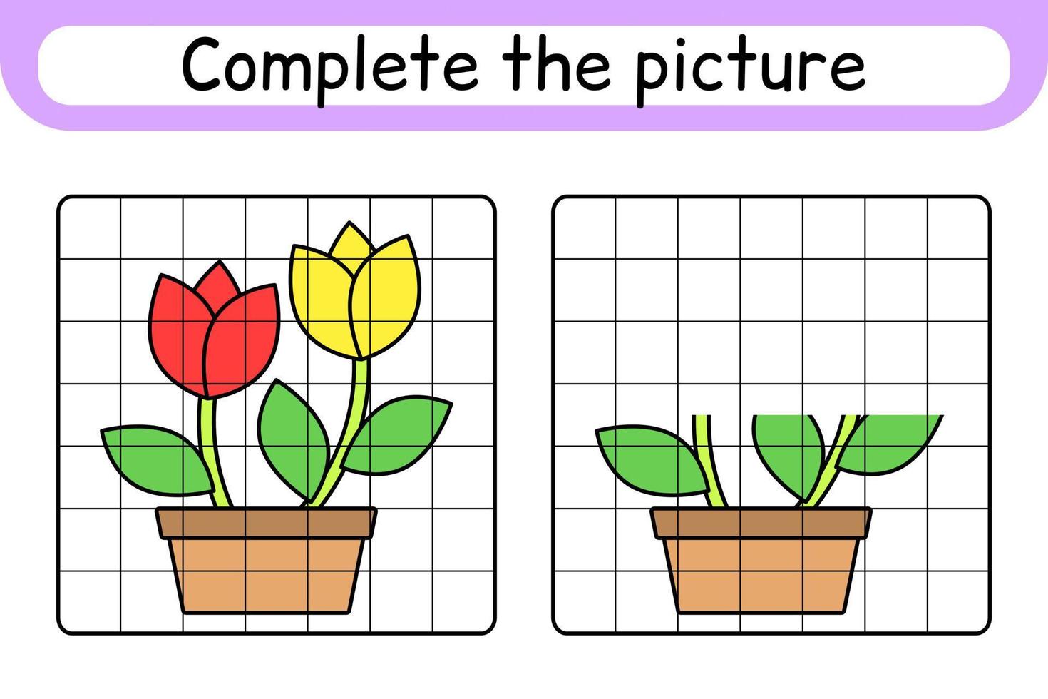 completa el cuadro flor tulipán. copiar la imagen y el color. terminar la imagen. libro de colorear. juego educativo de ejercicios de dibujo para niños vector