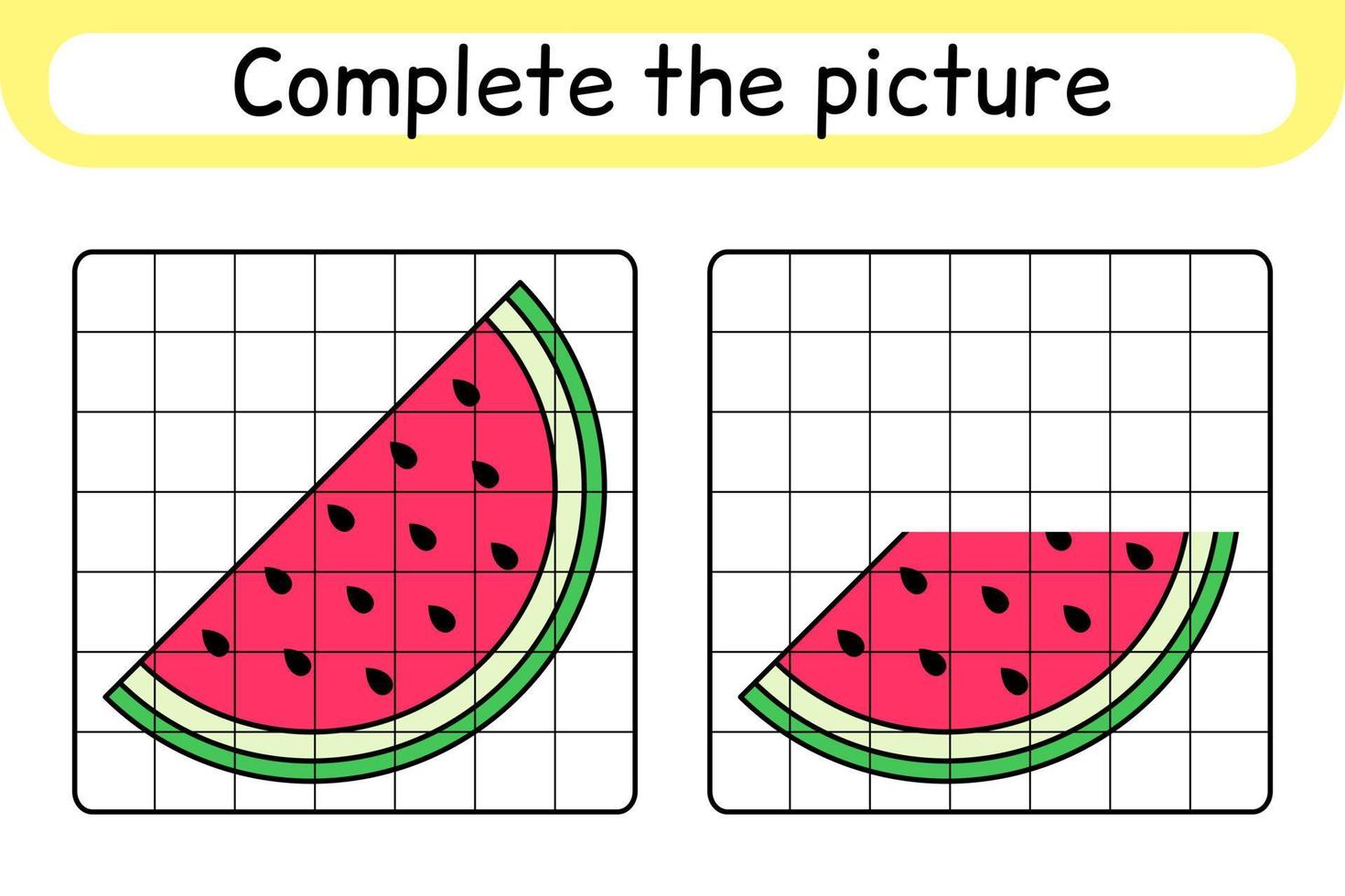 Complete the picture watermelon. Copy the picture and color. Finish the image. Coloring book. Educational drawing exercise game for children vector