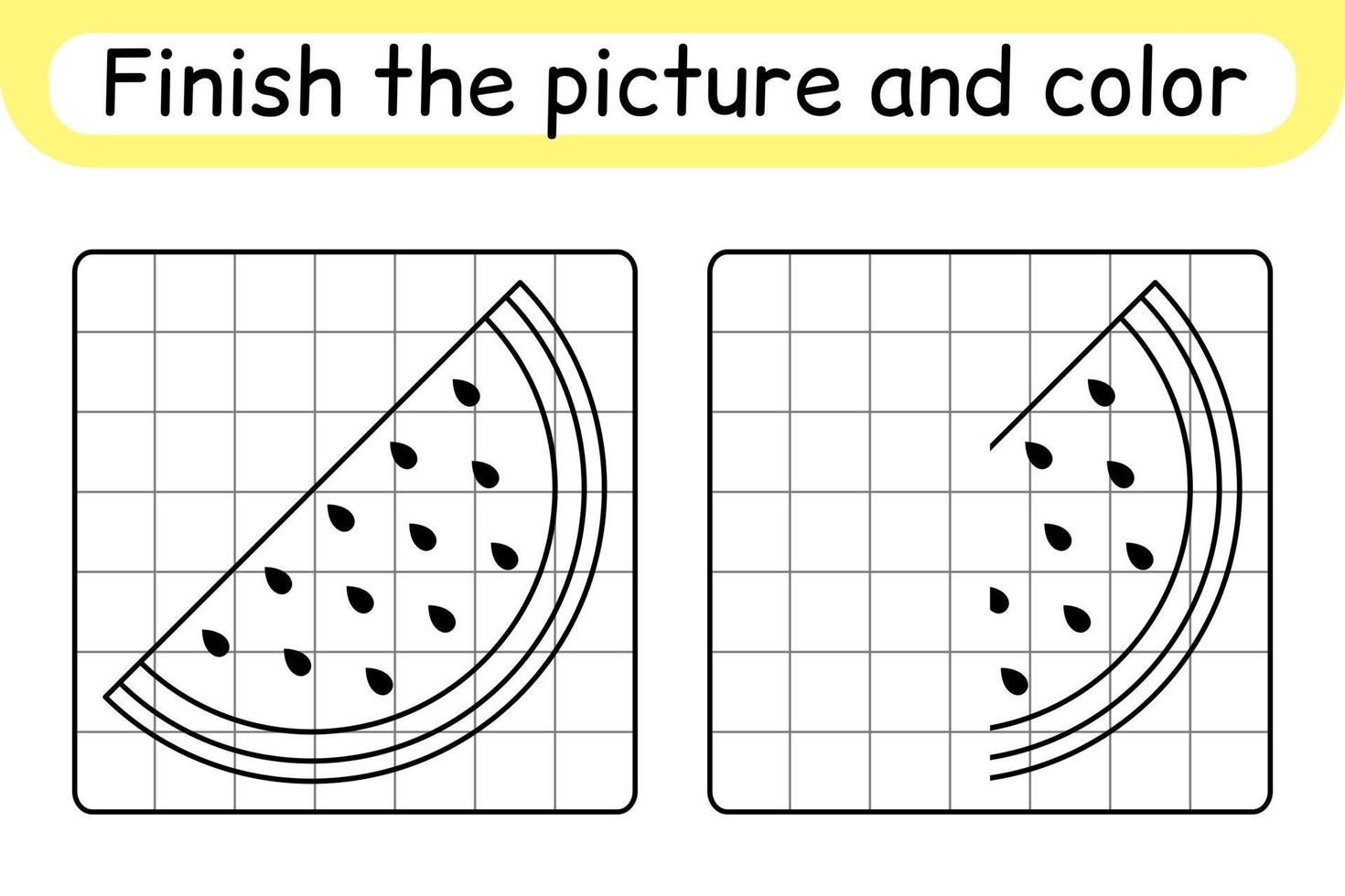 completa la imagen sandía. copiar la imagen y el color. terminar la imagen. libro de colorear. juego educativo de ejercicios de dibujo para niños vector