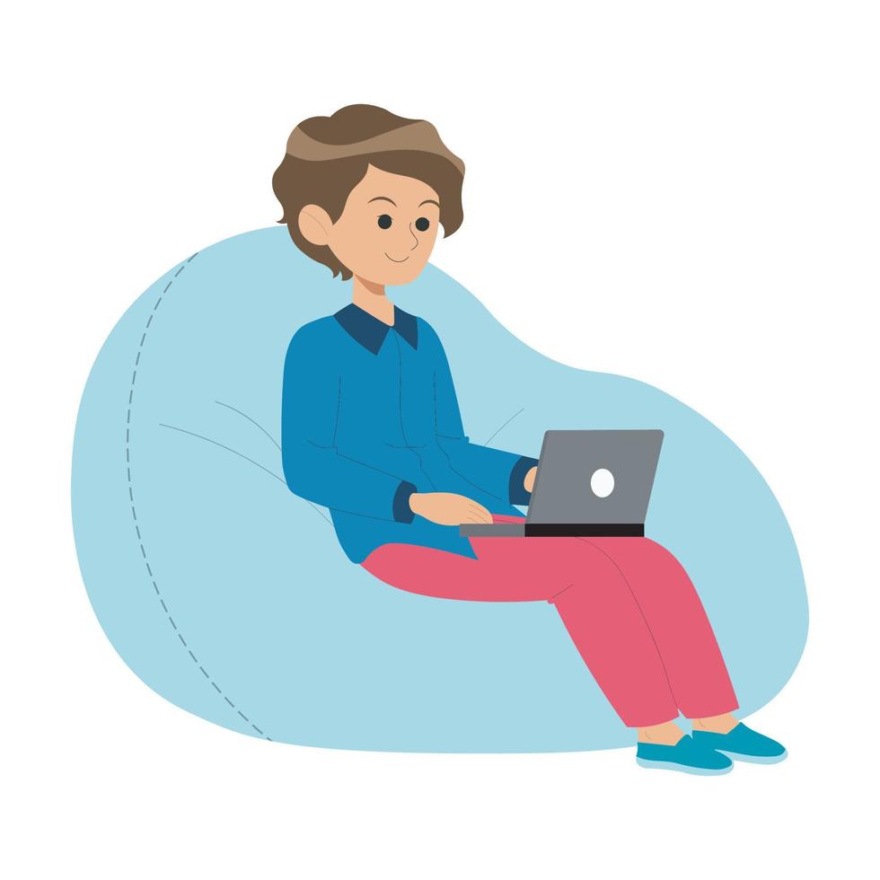 boy sit on bean bag with laptop vector