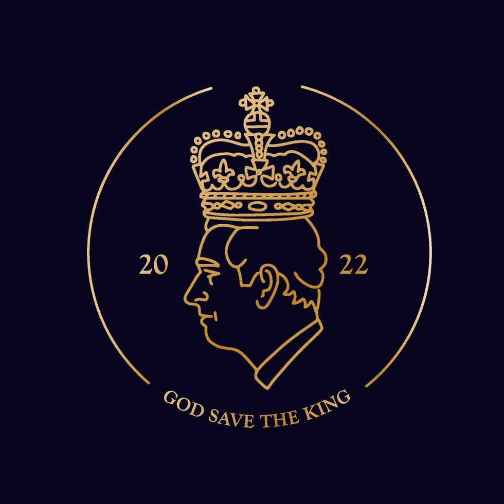 Round golden emblem - God Save The King words with Charles III in royal crown. Crownred head profile. Vector elegant linear illustration