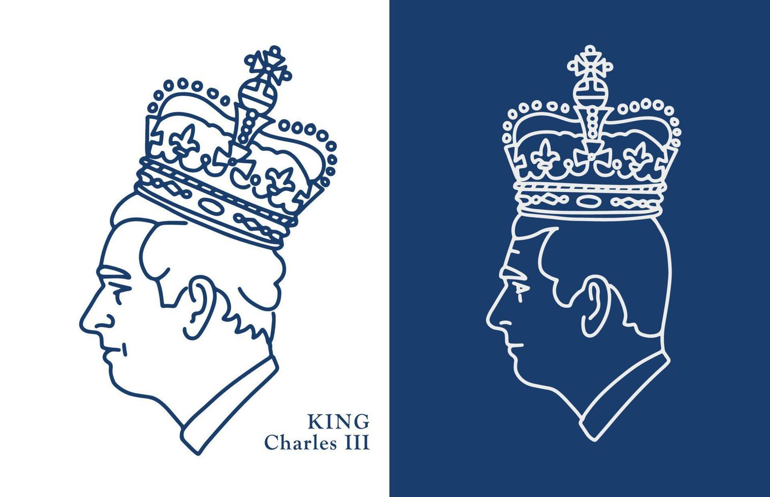 Set of linear crowned portraits of Prince Charles, Prince of Wales. Prifile side head view with royal crown. Line hand drawn vector illustration.