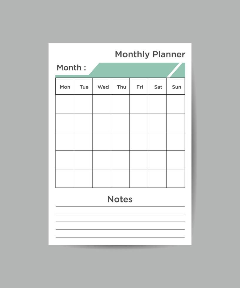 Printable Basic Monthly planner blank template. vector