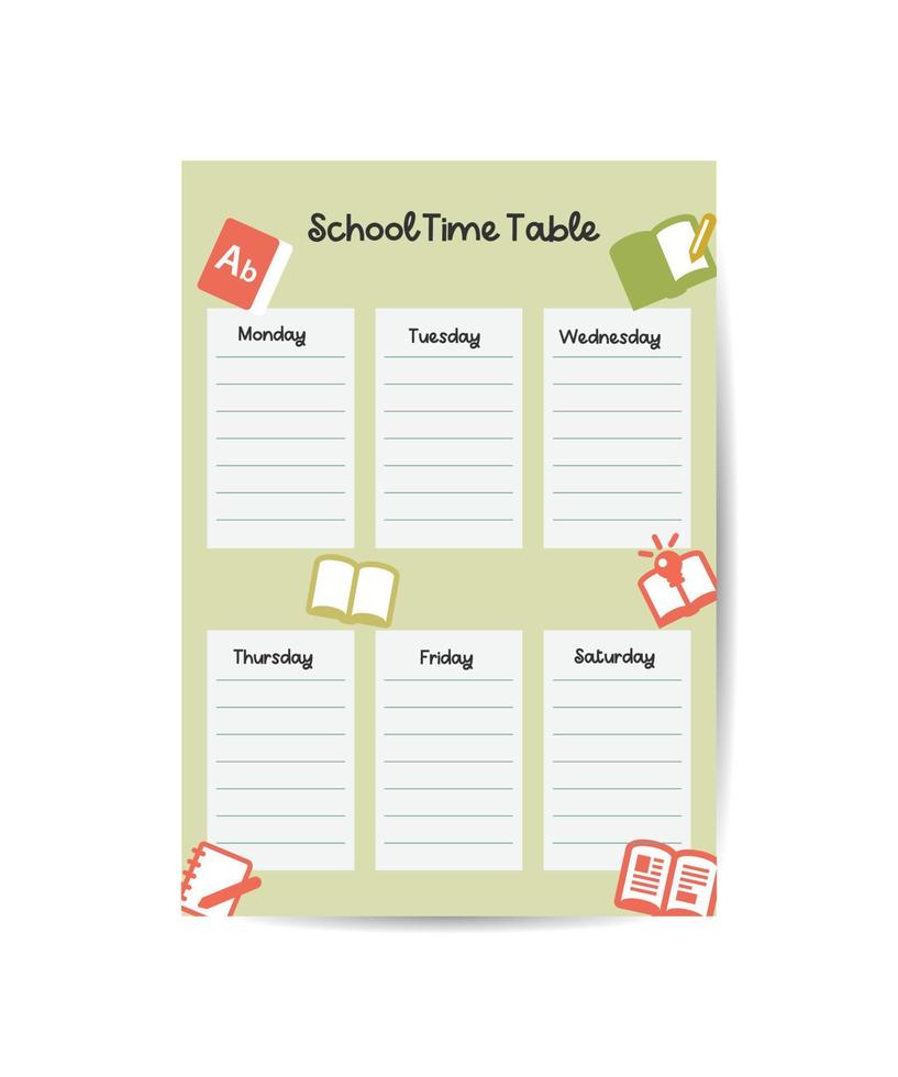 Weekly planner, back to school timetable template with school supplies, planets, books and doodle. Kids schedule design template. Vector children flat illustration