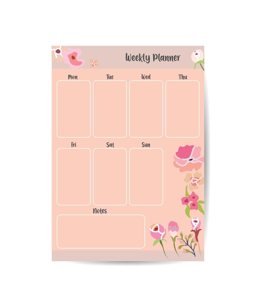 plantilla de planificador semanal lista para imprimir con espacio para lista de tareas pendientes, horario, actividades, citas con marco floral rosa vector