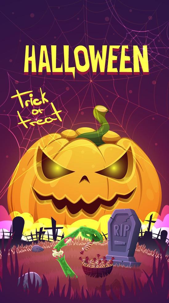 Halloween banner with a pumpkin, a cemetery and zombies. vector