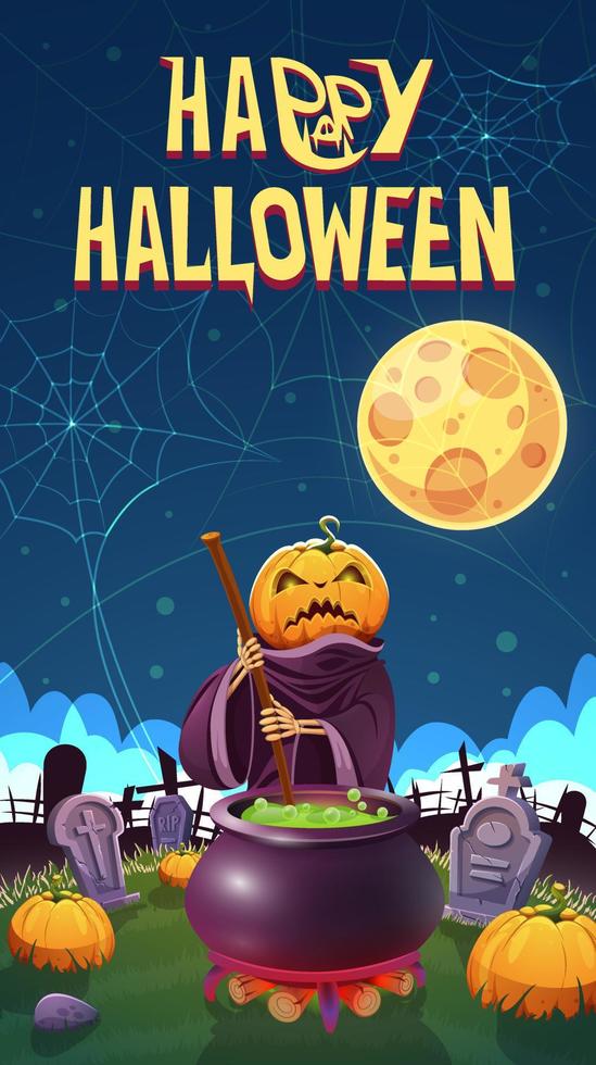 Halloween. The pumpkin wizard cooks a potion in a cauldron. vector