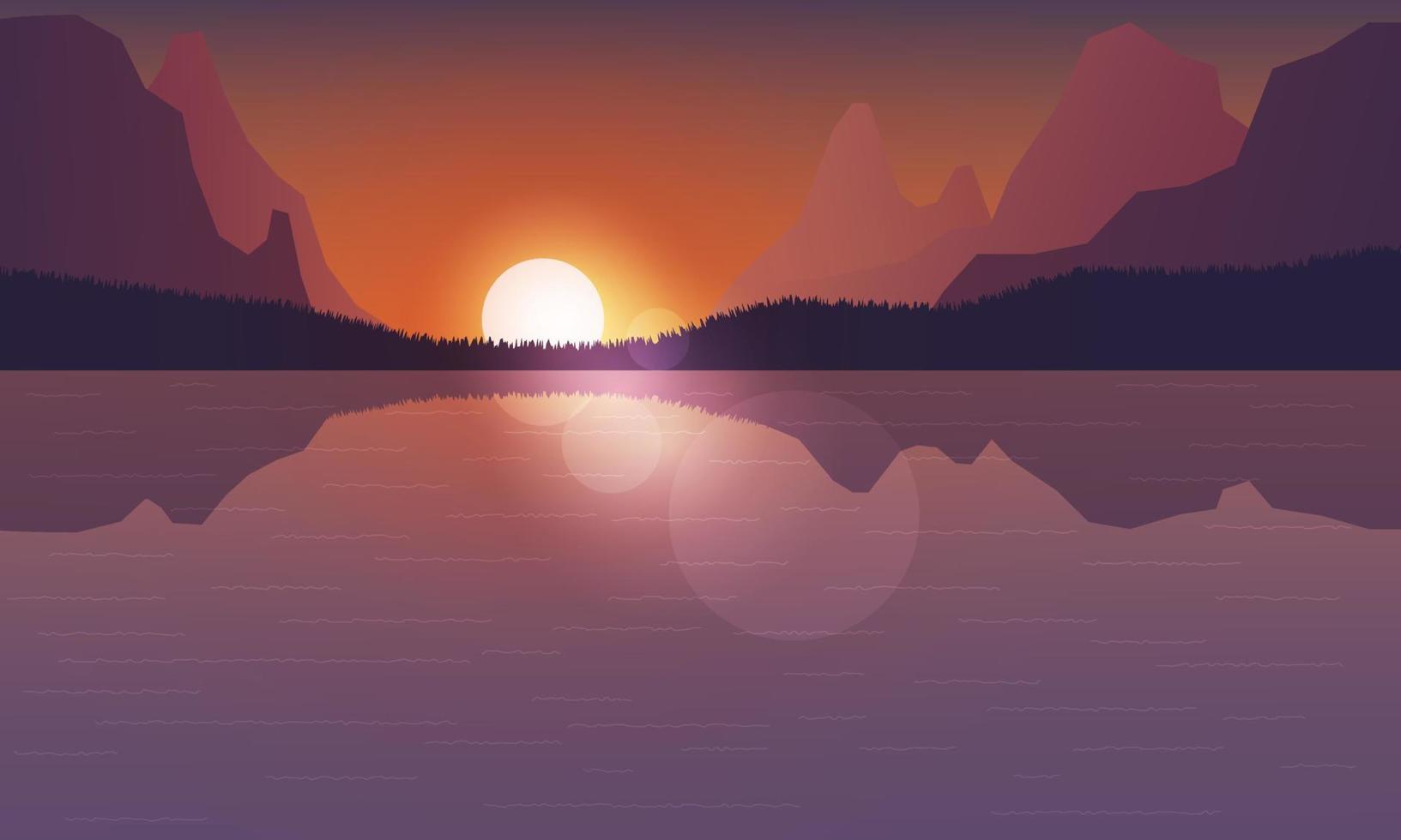 Orange sunrise over purple forest and mountains by the sea. Vector landscape. Stock background.