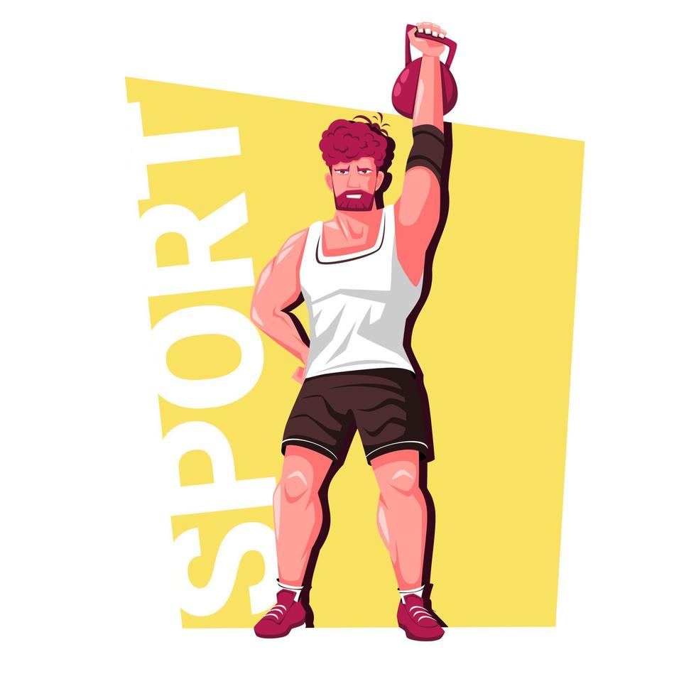 Cartoon athlete. Exercise with a kettlebell. vector