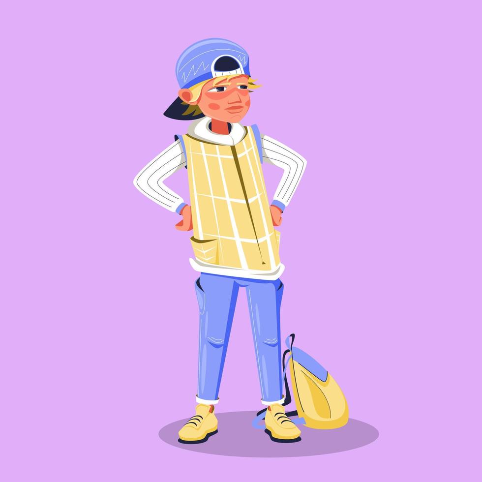 Cartoon boy in a cap and with a schoolbag. Schoolboy. vector