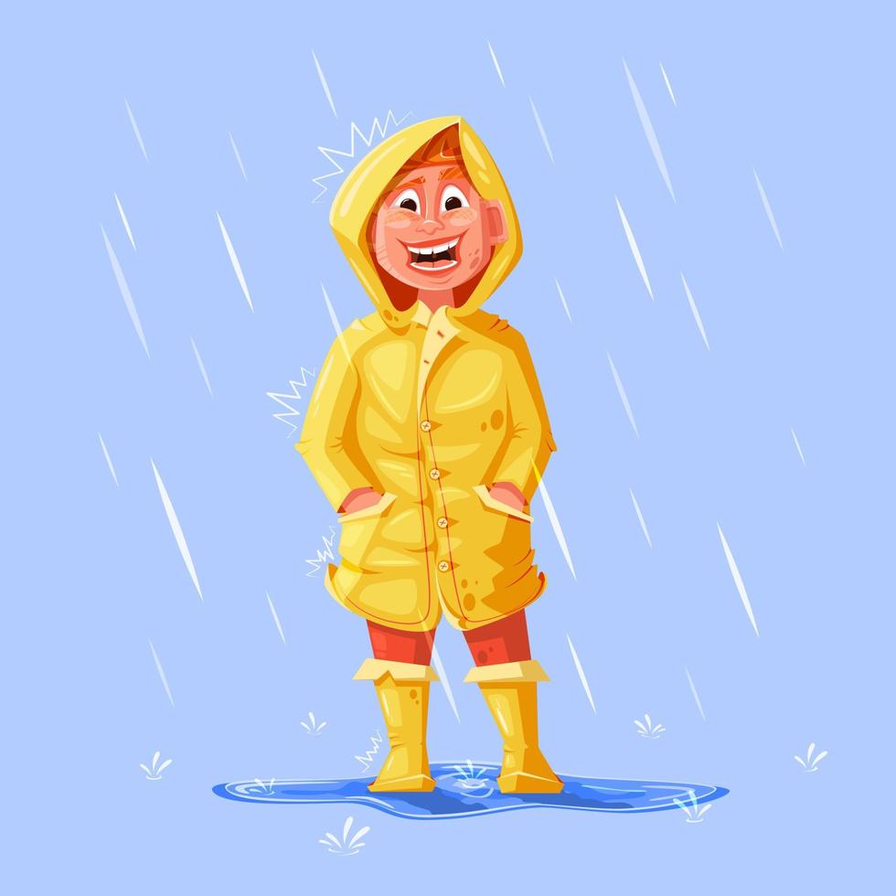 niño con un impermeable amarillo bajo la lluvia. dibujos animados. vector