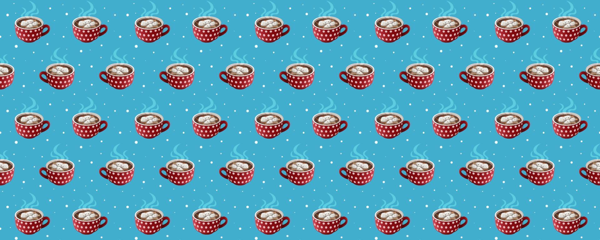 Vector, seamless pattern. Red cocoa mugs on a blue background. Stock background. vector