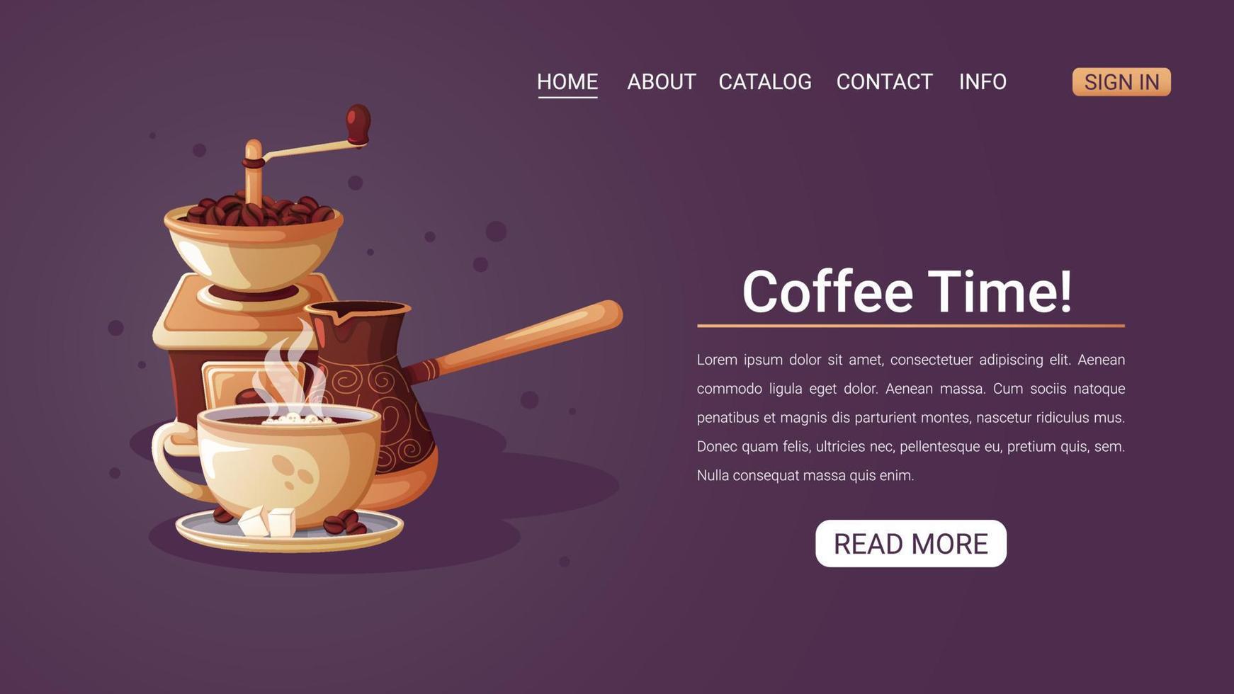 Web page with an illustration of a coffee set. vector