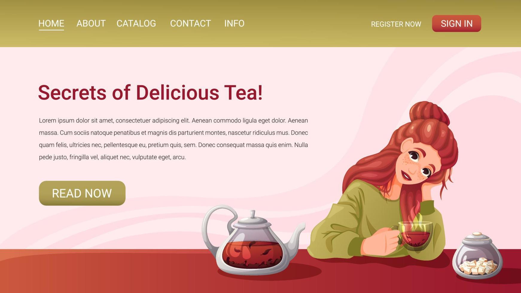 página web con una ilustración de una chica con una taza de té. vector