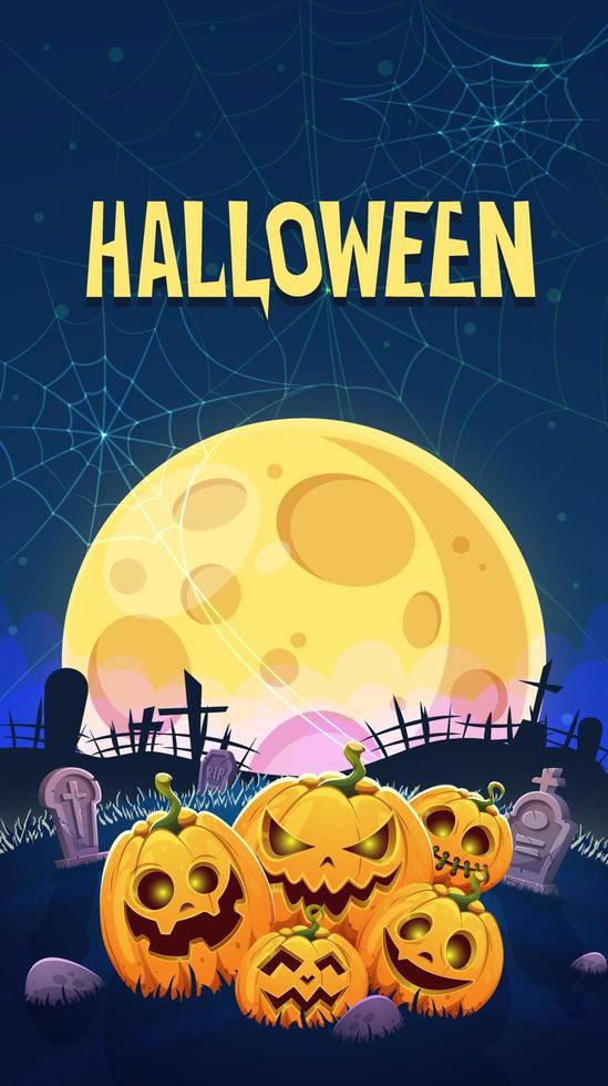 Banner for Halloween with pumpkins in the night cemetery. vector