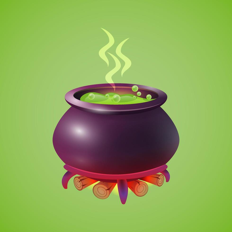 Cauldron with a green potion on the fire. vector