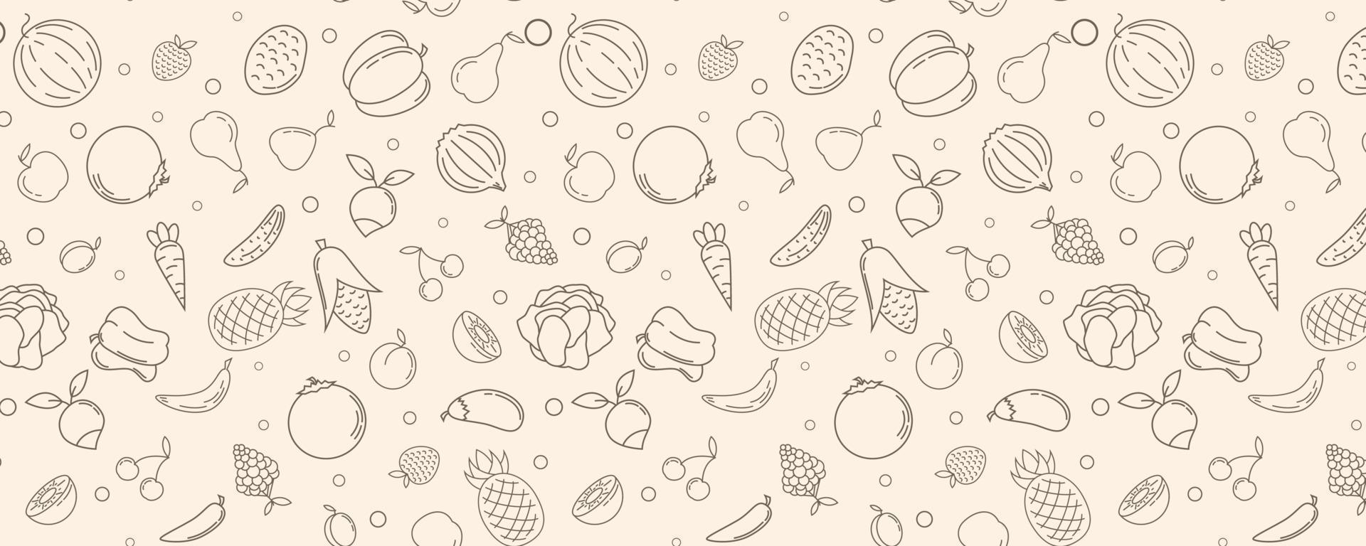 Seamless pattern. Vegetables, berries and fruits. Vector background. It can be used for wrapping paper, packages, brochures, and flyers.