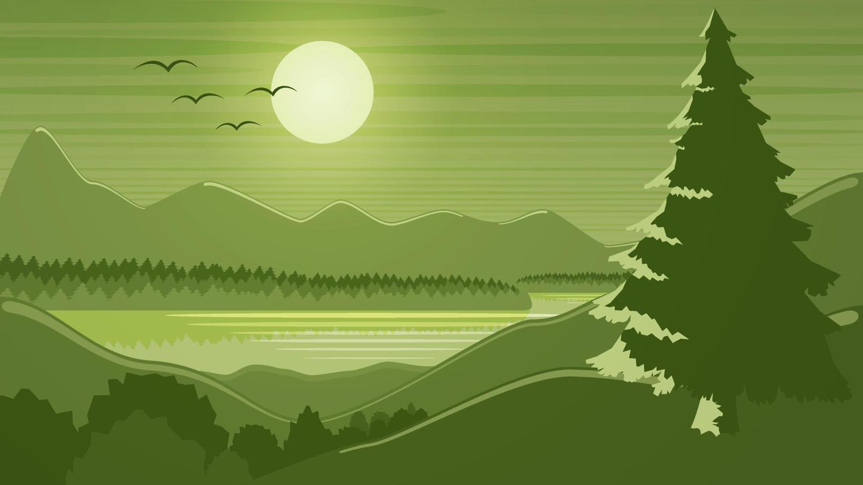 Vector landscape. Lake among hills, mountains and forests. Stock green background.