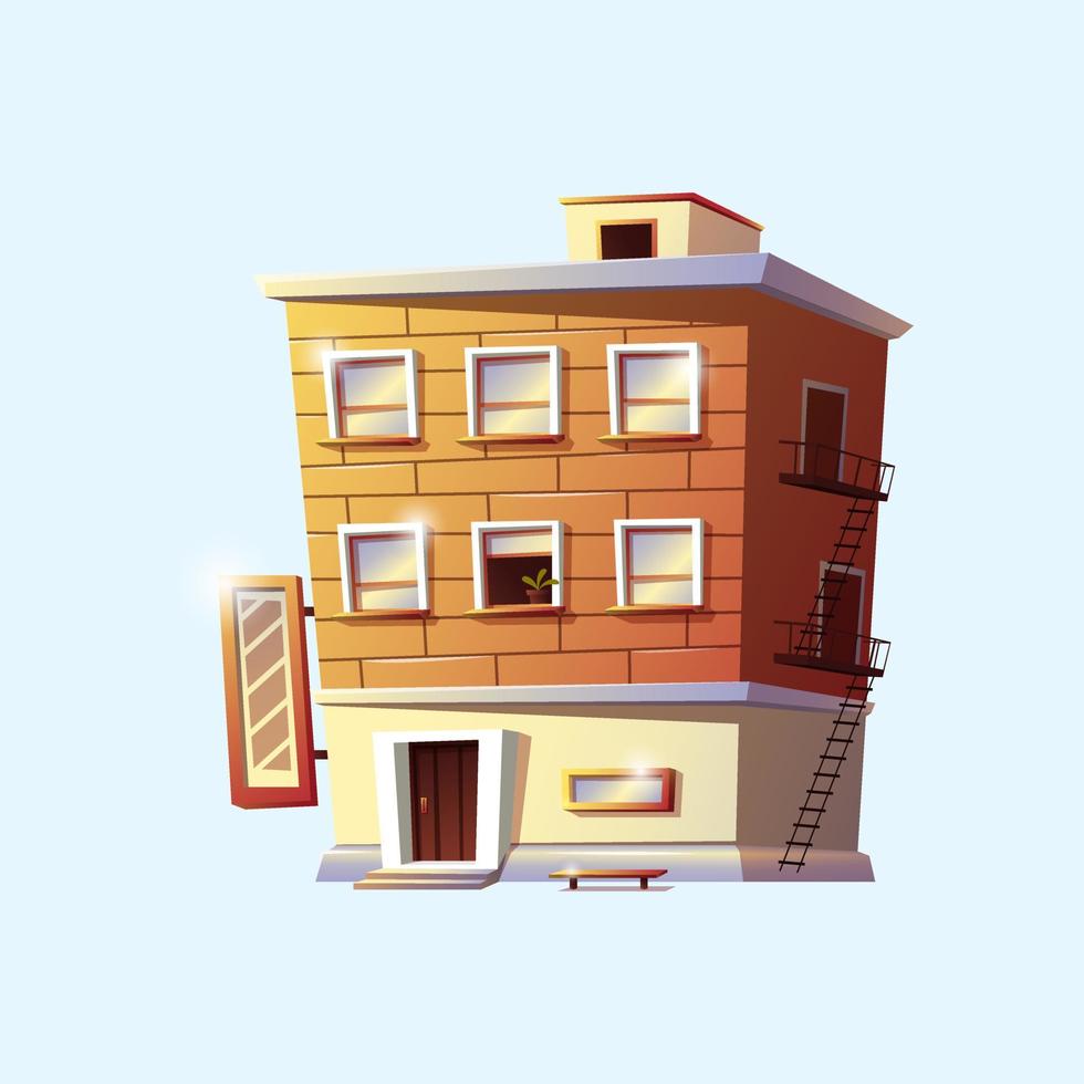 Cartoon house. Multi-storey red brick house. vector