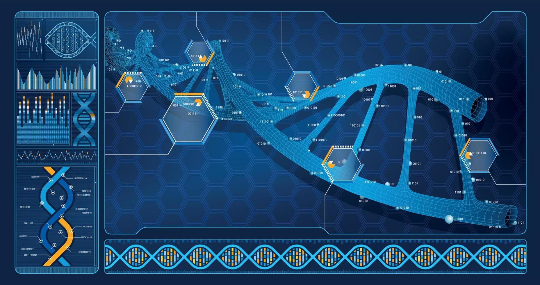 Futuristic computer screen showing an analysis of a DNA segment. Vector image