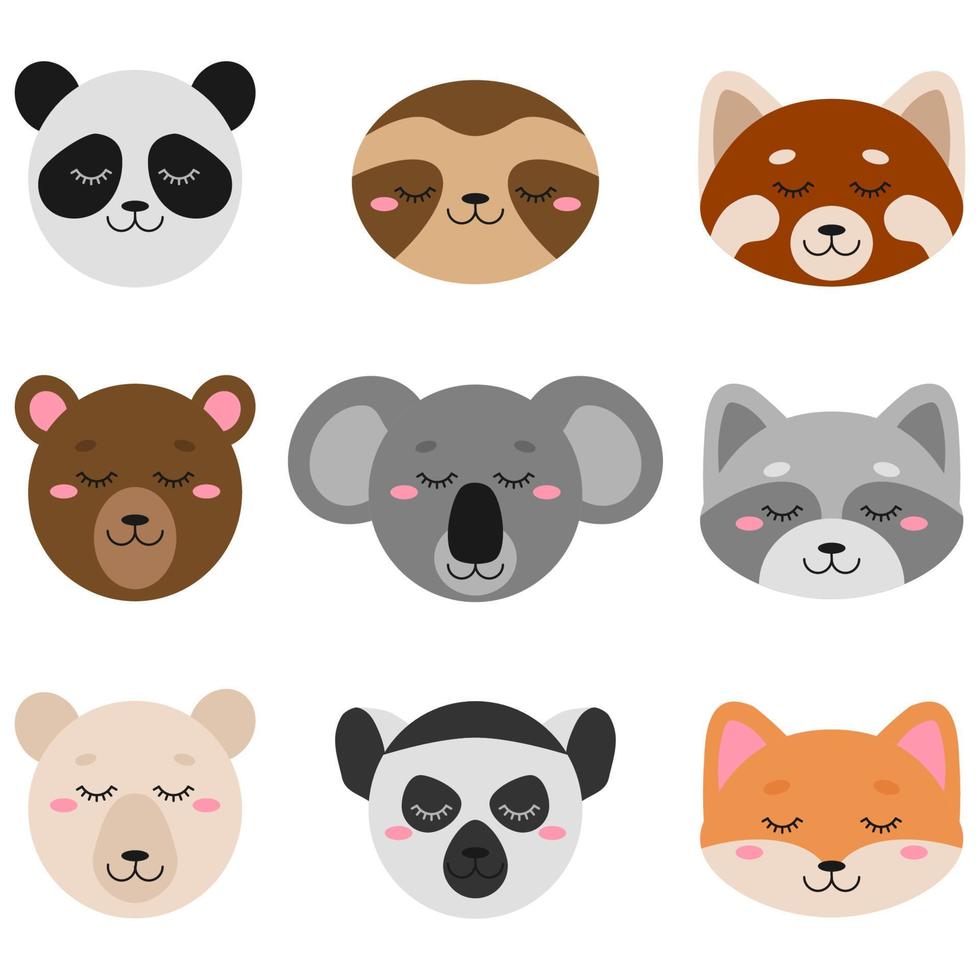 conjunto de caras de animales lindos de dibujos animados. perezoso, coala, panda rojo, panda, lémur, oso blanco, oso, zorro, mapache vector