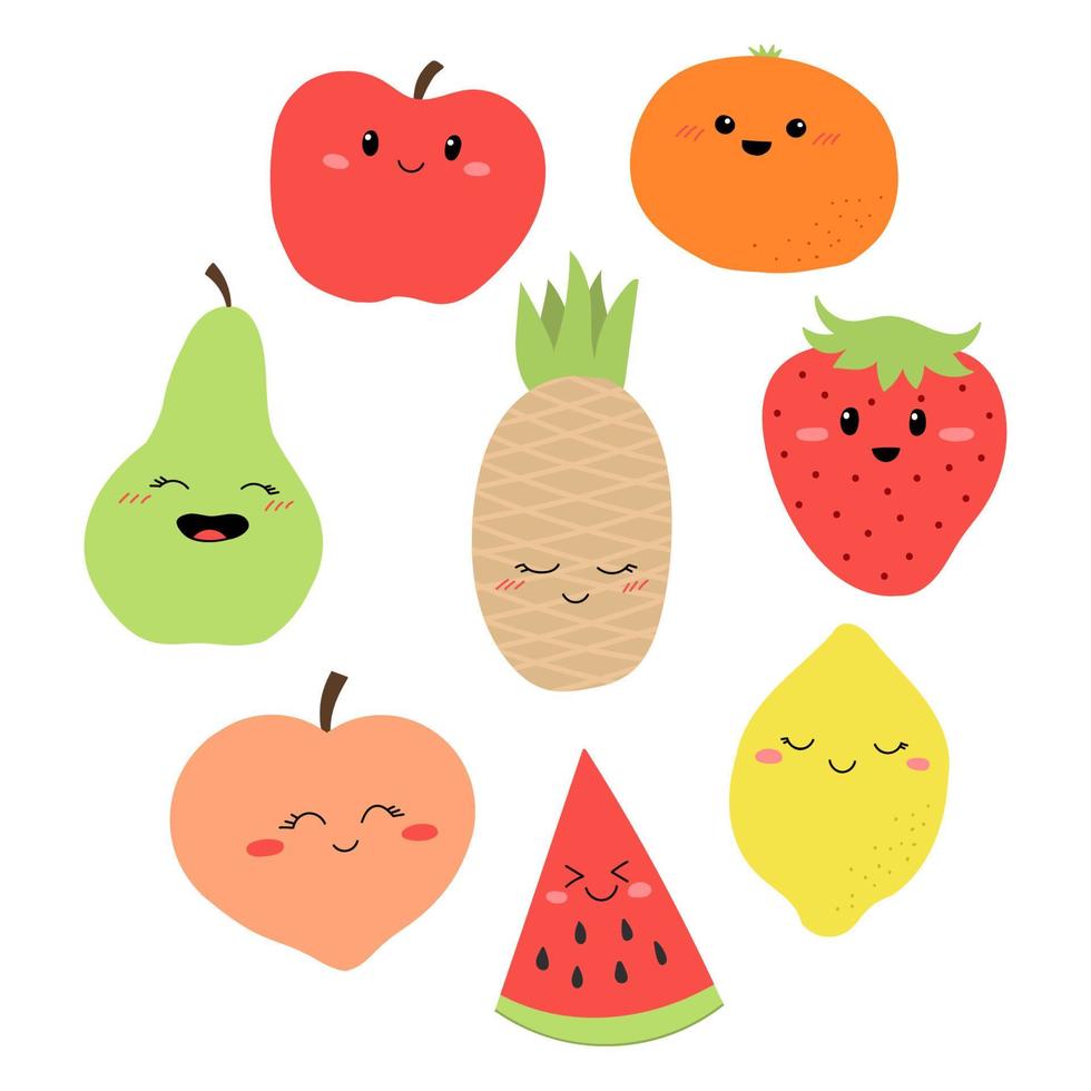 conjunto de frutas de dibujos animados con caras. fresa, manzana, piña, limón, pera, sandía, melocotón, naranja. vector