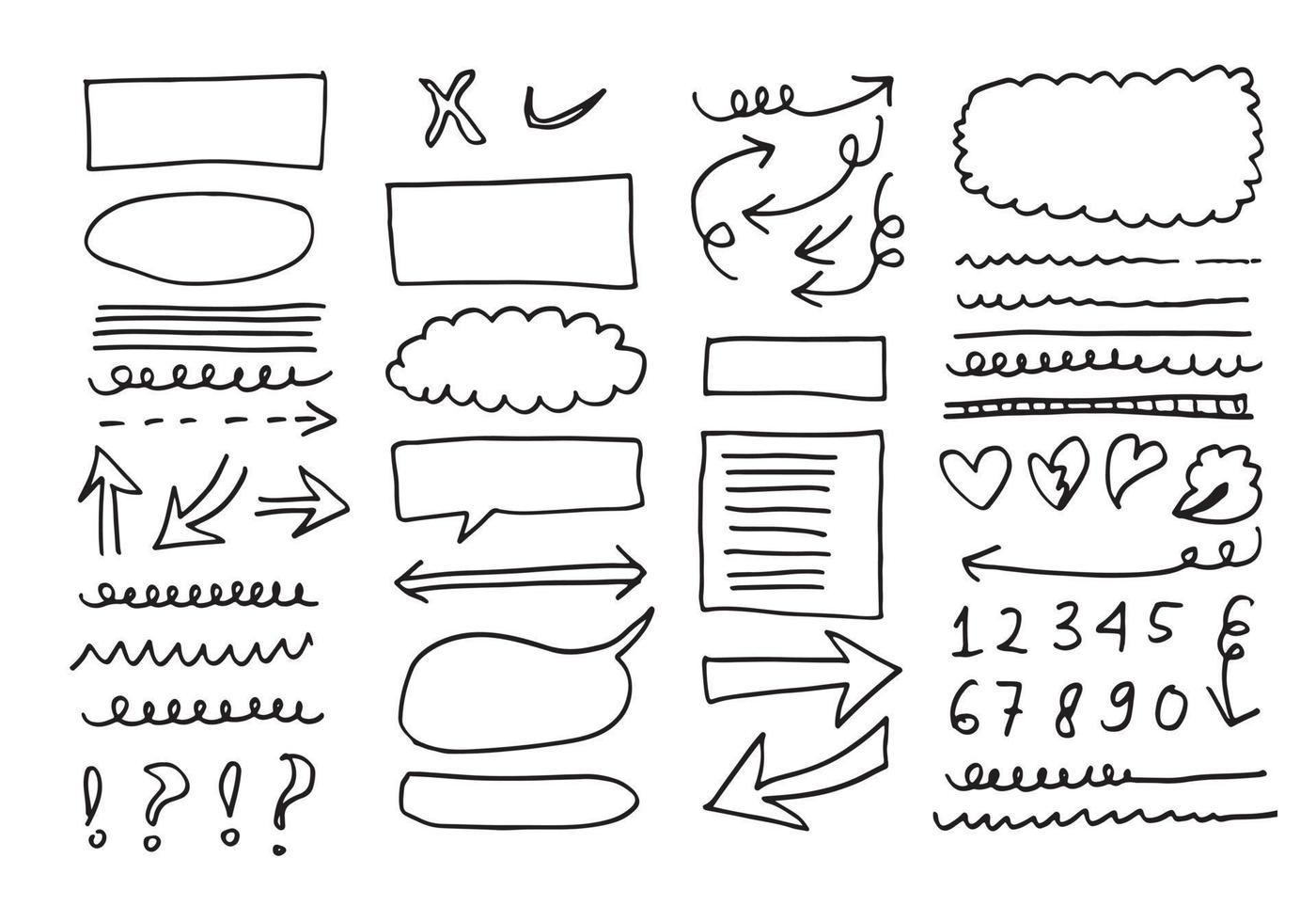 Doodle vector lines and curves.Hand drawn check and arrows signs. Set of simple doodle lines, curves, frames and spots. Collection of pencil effects. Doodle border. Simple doodle set.