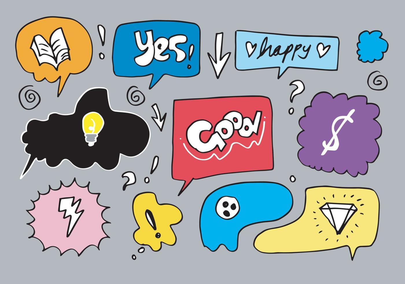 Set of colorful speech bubbles with greetings and exclamations yes, happy, good and dollar signs, thunderbolt,bulb, books and more vector