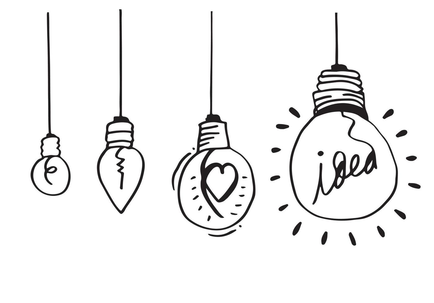 Hand drawn light bulb icons with concept of idea. Doodle style. Vector illustration.