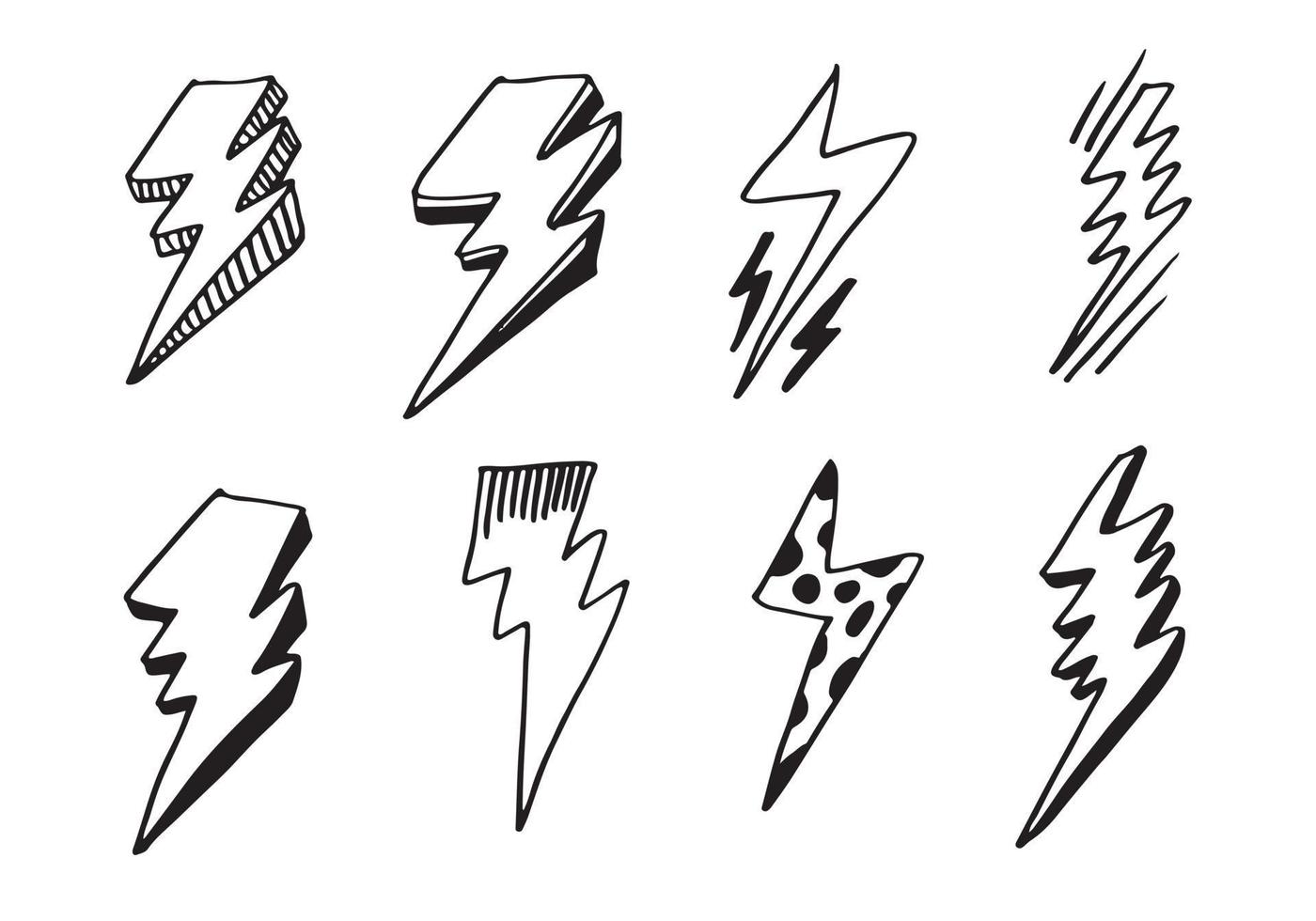 set of hand drawn vector doodle electric lightning bolt symbol sketch illustrations. thunder symbol doodle icon.