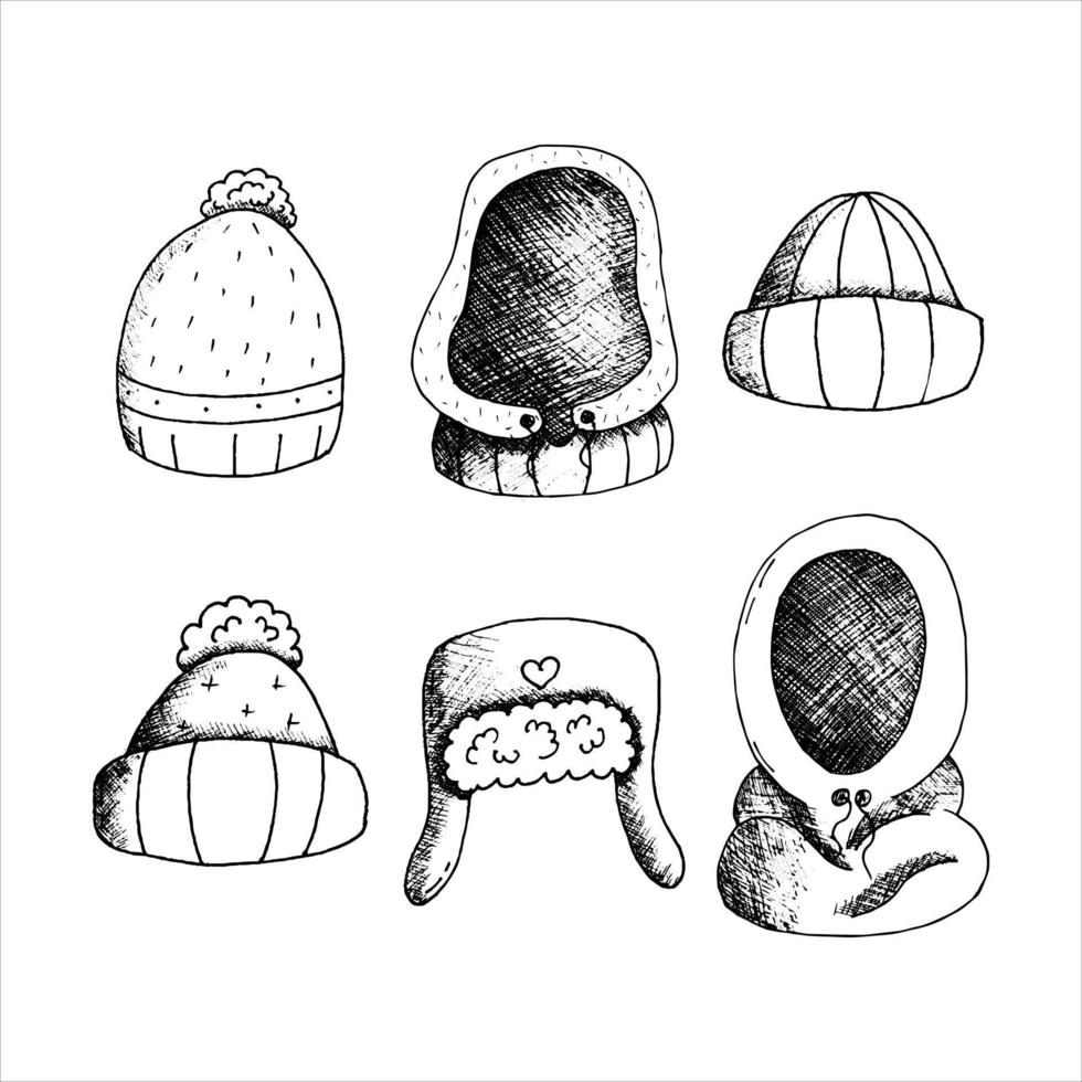 A set of hand-drawn winter and autumn hats. A sketch of hats and balaclavas. vector