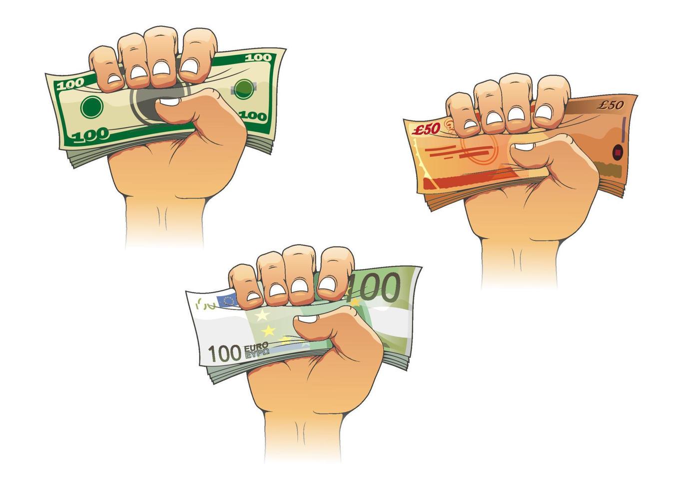 Hand grasping money with dollar, euro and pound banknotes vector