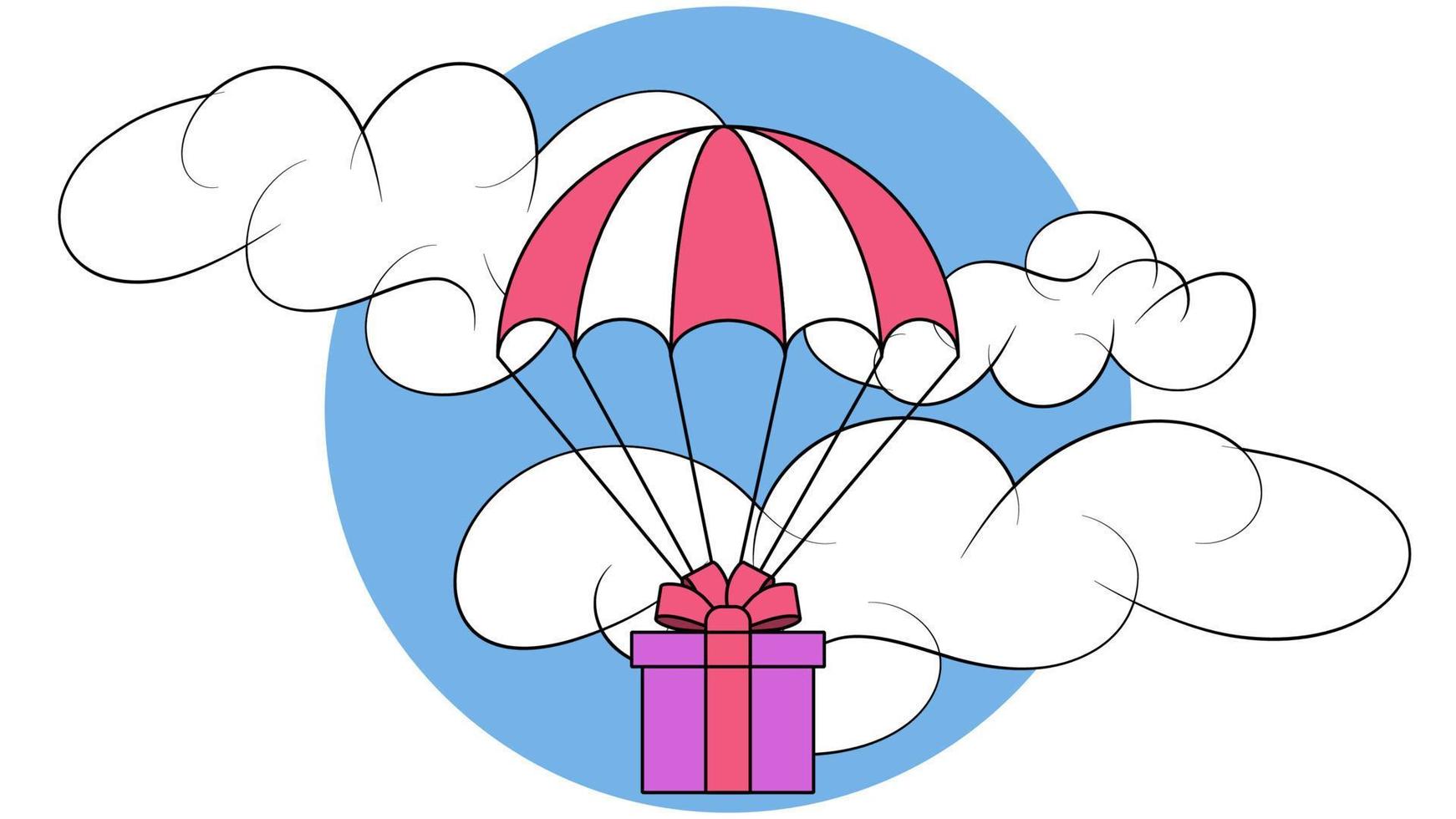 A gift box descends by parachute on the background of the sky with clouds vector