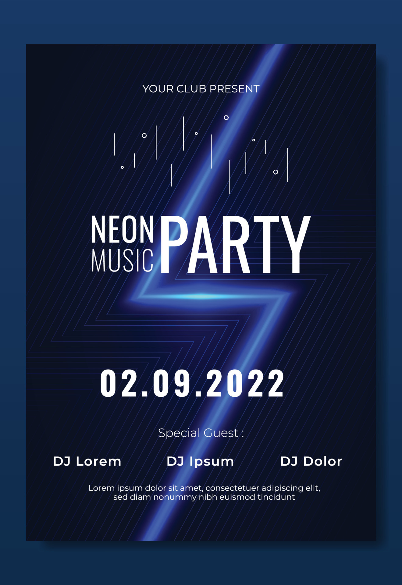 Music Poster With Neon Light Template. Abstract Futuristic Party Flyer