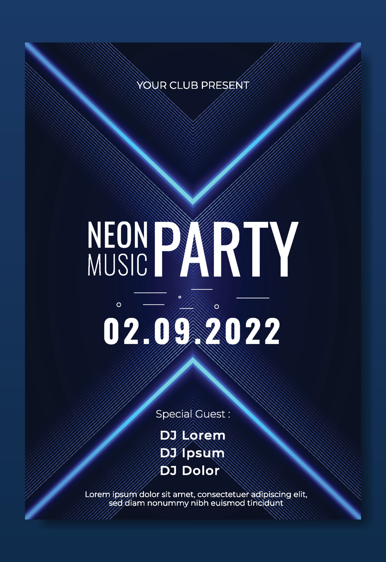 Music Poster With Neon Light Template. Abstract Futuristic Party Flyer