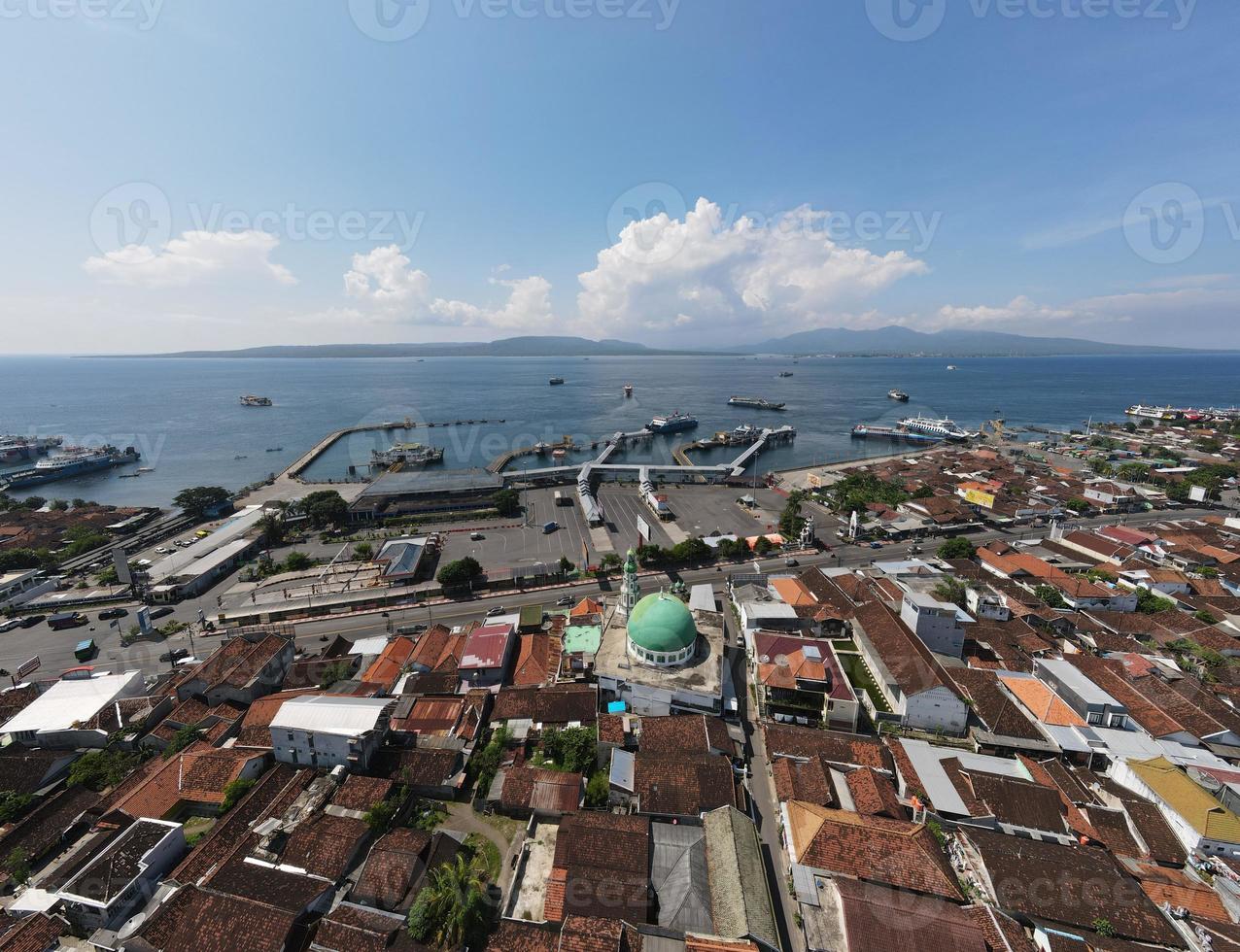 Aerial view of Port in Banyuwangi Indonesia with ferry in Bali Ocean photo