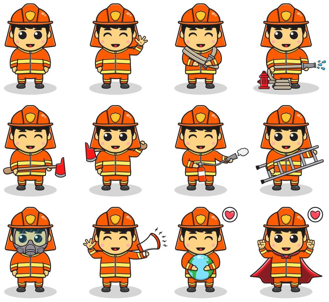 ilustración vectorial de un chico lindo con traje de bombero. profesión de bombero con estilo de diseño plano. bueno para icono, etiqueta, pegatina, clipart. diseño de dibujos animados de vector plano aislado