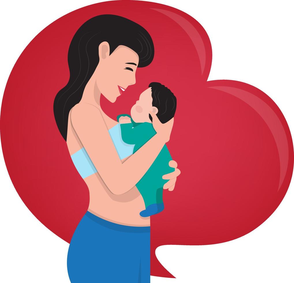 Young and happy mother holding her baby. Mother's Day. Mother and newborn little son. Vector illustration.