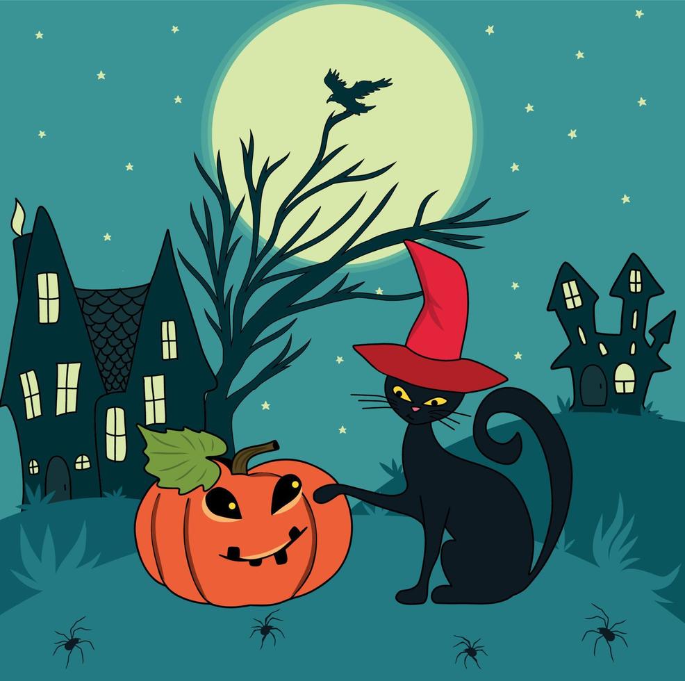 Vector illustration of Halloween night a cat in a cap and a pumpkin in a clearing against the backdrop of a full moon tree with a crow and castles