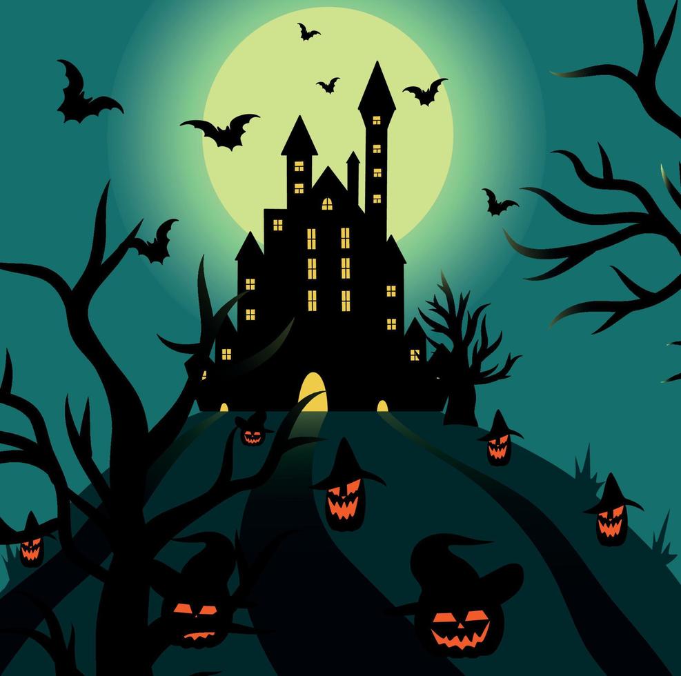 Vector illustration holiday halloween night concept huge abandoned castle glow windows road lead gloomy full bright moon pumpkin trees bats